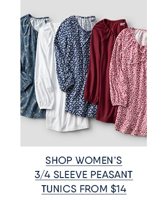 Shop women's 3/4 sleeve peasant tunics from $14.