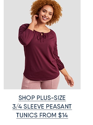 Shop plus-size 3/4 sleeve peasant tunics from $14.
