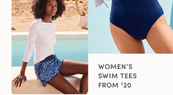 Click to shop women's swim tees.